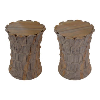 Date Palm Side Table in Rainbow Teakwood Stone Handcrafted in India - Set of 2 For Sale