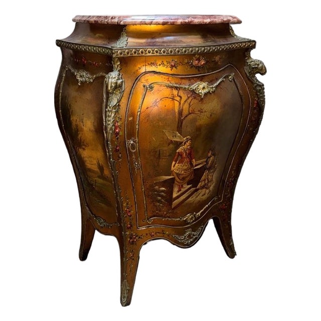 Early 20th Century Louis XV Style Painted Bombe Cabinet With Rouge Marble Top For Sale