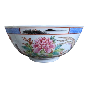 Early 20th Century Chinese Famille Rose Birds of Paradise Floral Butterfly Porcelain Bowl