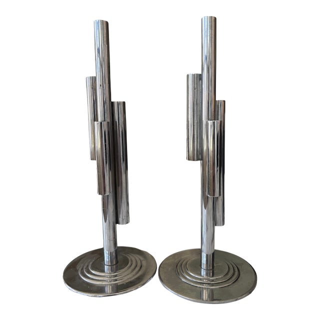Vintage Pair of Art Deco Tubular Chrome Bud Vases / Sculptures by Ruth & William Gerth for Chase Co For Sale