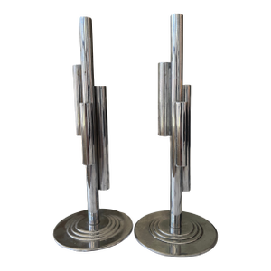 Vintage Pair of Art Deco Tubular Chrome Bud Vases / Sculptures by Ruth & William Gerth for Chase Co