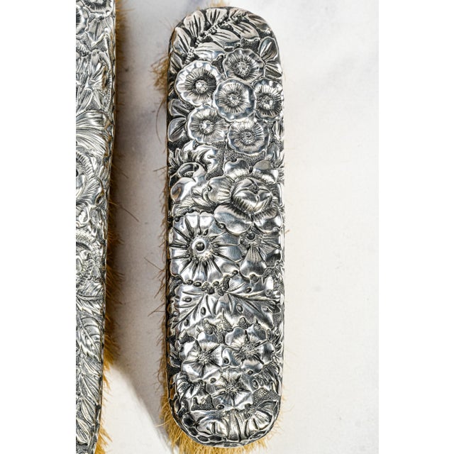 Beautiful Gorham Antique Victorian Floral Repoussé Sterling Silver Vanity Dresser Brushes For Sale In New York - Image 6 of 16