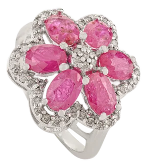 Handcrafted 925 Siver Oval Cut Ruby & Halo Diamond Flower Cocktail Ring - Size 8