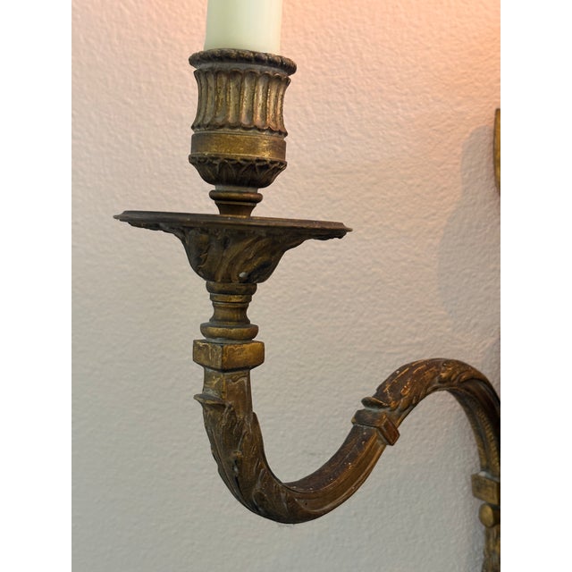 Antique French Louis XVI Style Twin-Light Wall Sconces - Gilt Bronze Ormolu Neoclassical Double Arm Wall Lights, Late 19th Century - Pair For Sale In Seattle - Image 6 of 18