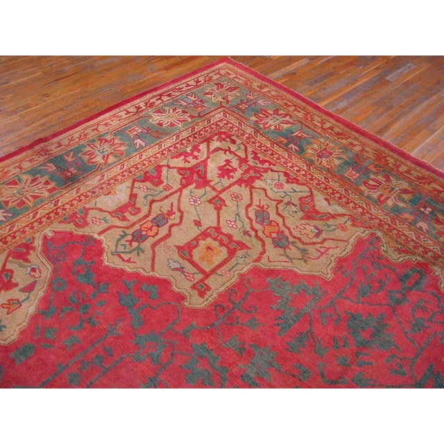 1930s Red-Green Medallion Antique Turkish Oushak Rug 12' X 23' Handknotted Wool Carpet For Sale - Image 4 of 7