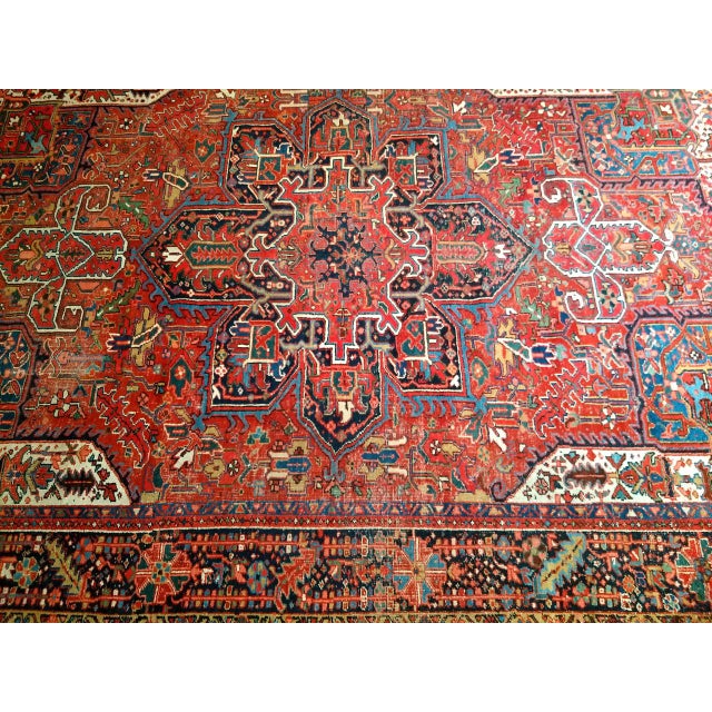 Antique Persian Heriz Karajah Rug, Hand-Knotted Wool, Geometric Medallion Pattern, Brick-Red & Navy, 9x12 For Sale - Image 16 of 17