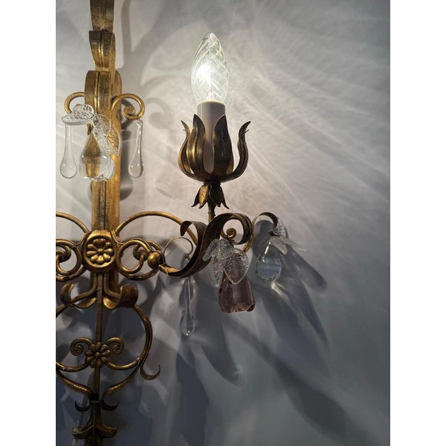 Hollywood Regency Golden Wall Lights with Pink Glass Fruit from Palwa, 1960s For Sale - Image 3 of 18