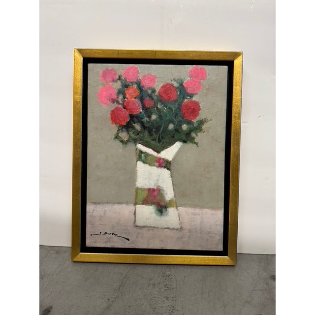 2010s Red Bouquet in a White Vase", by S. Burr, Oil on Canvas For Sale - Image 5 of 8