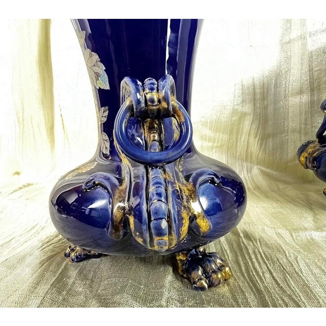 Antique French Cobalt Blue Faience Urns Pair W/ Gilt Swan Handles For Sale - Image 9 of 12