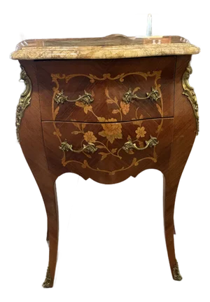 Antique French Transitional Louis Xv/Xvi Marble Top Marquetry Nightstand