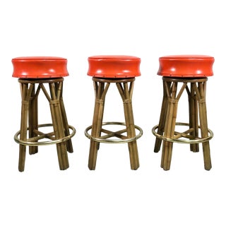Mid Century Boho Modern Bamboo Swivel Bar Stools For Sale