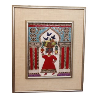 Awret Original Painted Ceramic Relief Tile Depicting Woman With Basket of Fruit, Signed and Framed For Sale