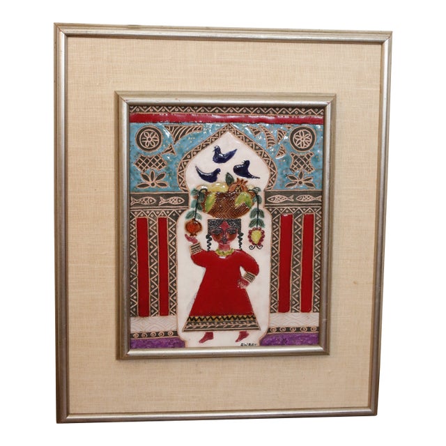 Awret Original Painted Ceramic Relief Tile Depicting Woman With Basket of Fruit, Signed and Framed For Sale