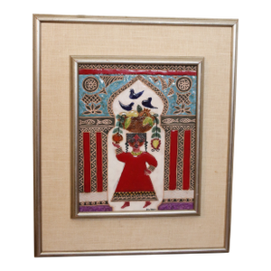 Awret Original Painted Ceramic Relief Tile Depicting Woman With Basket of Fruit, Signed and Framed