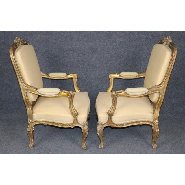 19th C Pair French Louis XV Yellow Carved Giltwood Armchairs For Sale - Image 4 of 17