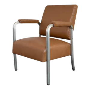 Mid-Century Machine-Age Brushed Aluminum Leather Armchair