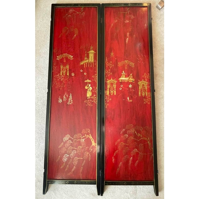 Red Mid Century Four-Panel Deep Red/Gold Chinoiserie Screen With Decorated Black Boarder For Sale - Image 8 of 18