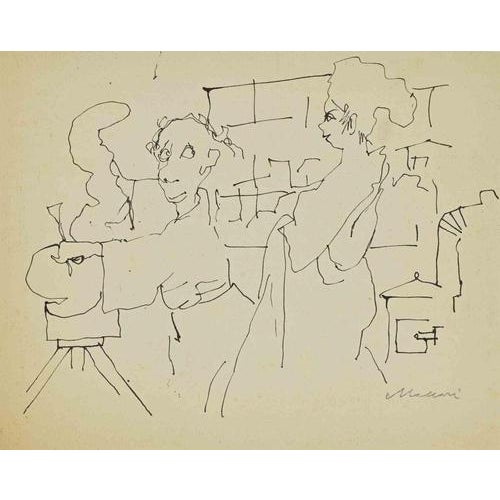 Mino Maccari, The Sculptor, Ink Drawing on Paper, 1960s For Sale - Image 3 of 3