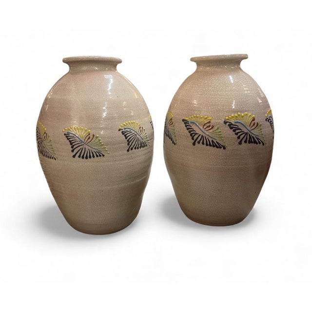 Vintage Pair of Japanese-Style Crackle Glaze Ceramic Vases For Sale - Image 4 of 7