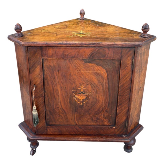 Antique Petite English Inlaid Walnut Corner Cabinet For Sale