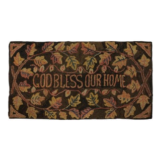 Antique Hooked Runner With “God Bless Our Home” Quote in Beige & Brown - Rug & Kilim For Sale