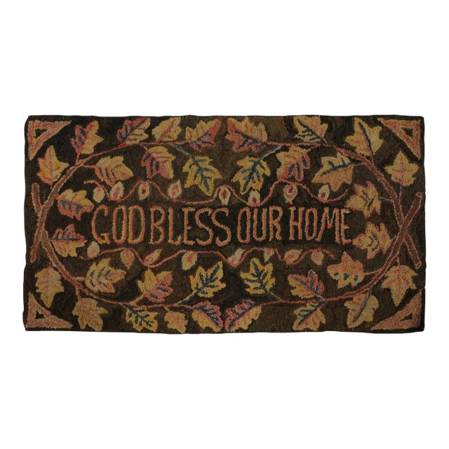 Antique Hooked Runner With “God Bless Our Home” Quote in Beige & Brown - Rug & Kilim For Sale