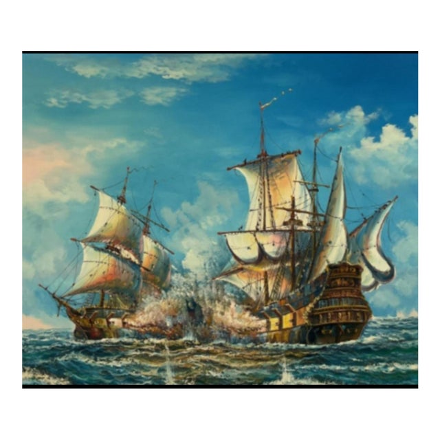 J. Harvey Oil on Canvas of a 18th Century Ship Battle For Sale