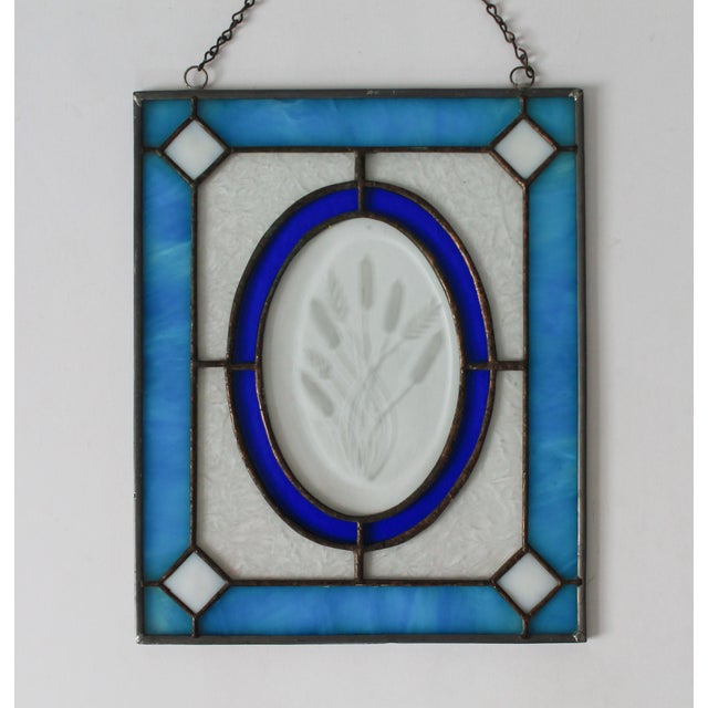 Mid-Century Modern Vintage Stained Glass Window Hanging W/ Wheat Motif For Sale - Image 3 of 10