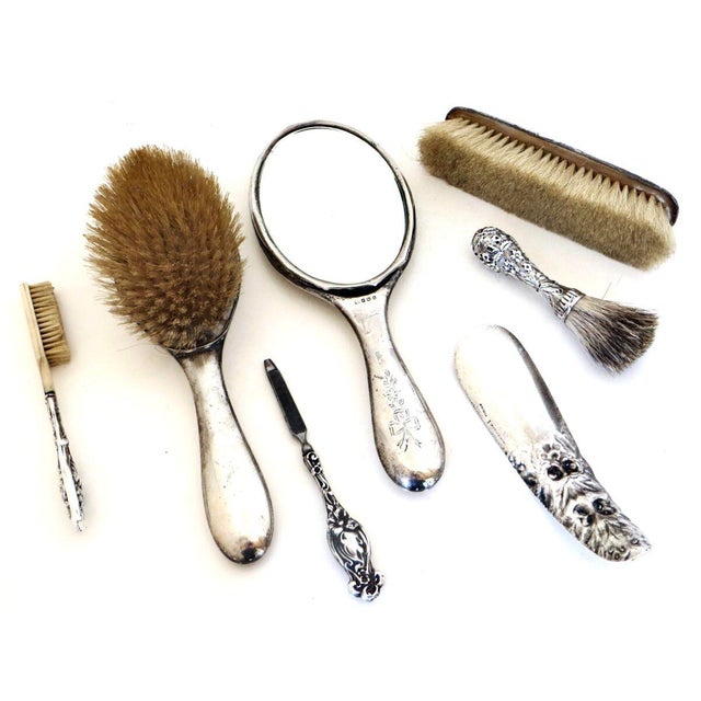 Fabulous hard to find late 19th century Art Nouveau ensemble of seven marked sterling silver vanity items to decorate and...