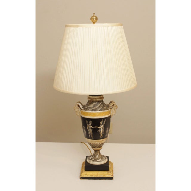 Quality Vintage Continental Urn Lamp Featuring Rams Head and Painted Cherubs with Shade and Brass Finial