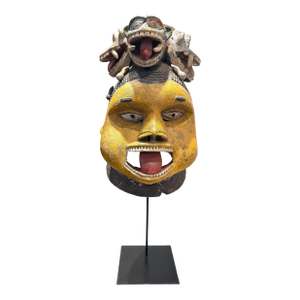 Mid 20th Century Large Wood Sculpture Yoruba Gẹ̀lẹ̀dẹ́ Helmet Mask on Display Stand