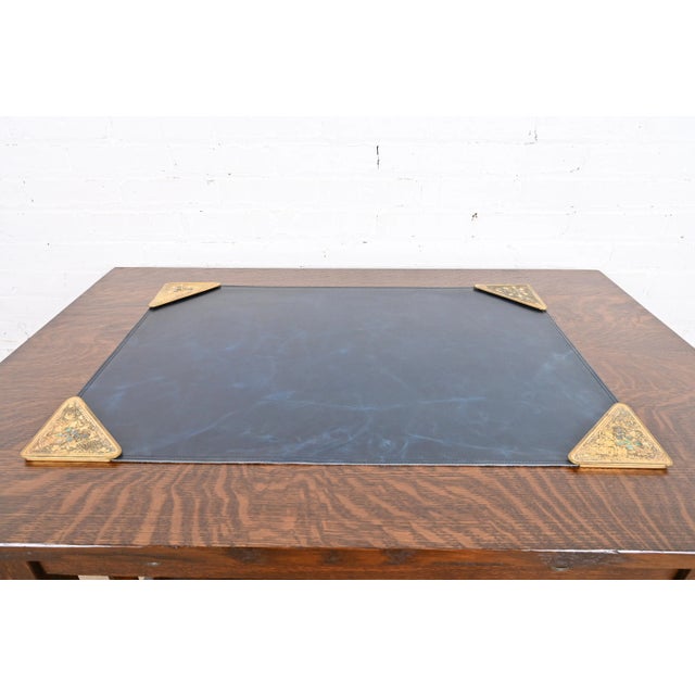 A gorgeous set of four Art Deco or Arts & Crafts period gilt bronze and abalone blotter corners, with a custom blue...