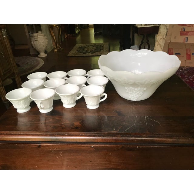 Early 20th Century Vintage Milk Glass Scalloped Punch Bowls Set of 13