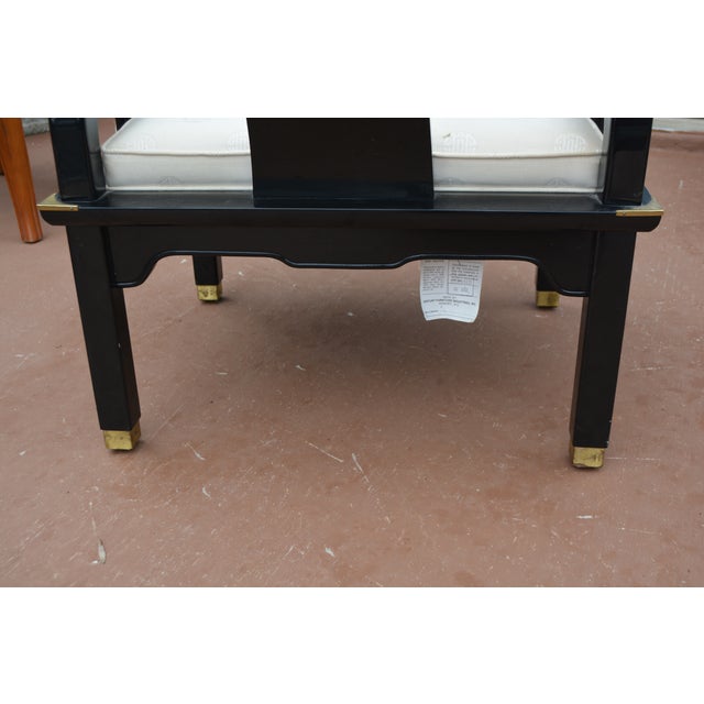 1980s Century Chair Co. Ming Black Lacquer & Brass Horseshoe Back Chair W/ White Seat For Sale - Image 6 of 18