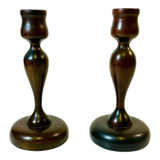 Early 20th C. Antique Federal Farmhouse Americana Hand Turned Walnut Candle Holders - A Pair For Sale