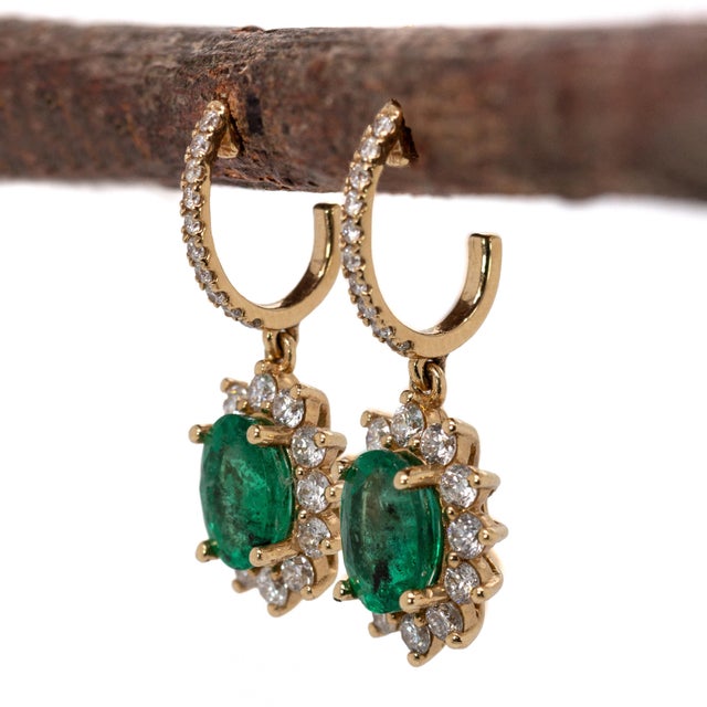 Art Deco Sunburst Zambian Emerald Earrings W Natural Diamonds in 14k Solid Gold Ov 7x5mm- Set of 2 For Sale - Image 3 of 6