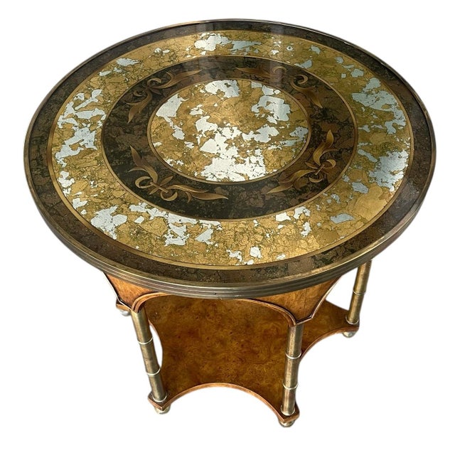 Art Deco Vintage Art Deco Burl Wood & Églomisé Glass Accent Table With Brass Details For Sale - Image 3 of 12