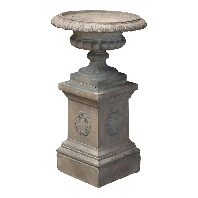 Large English Campana Garden Urn or Planter Pot on Square Plinth Base For Sale