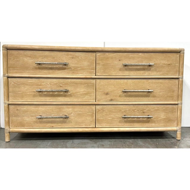 Original retail $4518, stylish Hooker Modern Pole Rattan Retreat Dresser, cerused oak finished case, textured silver...