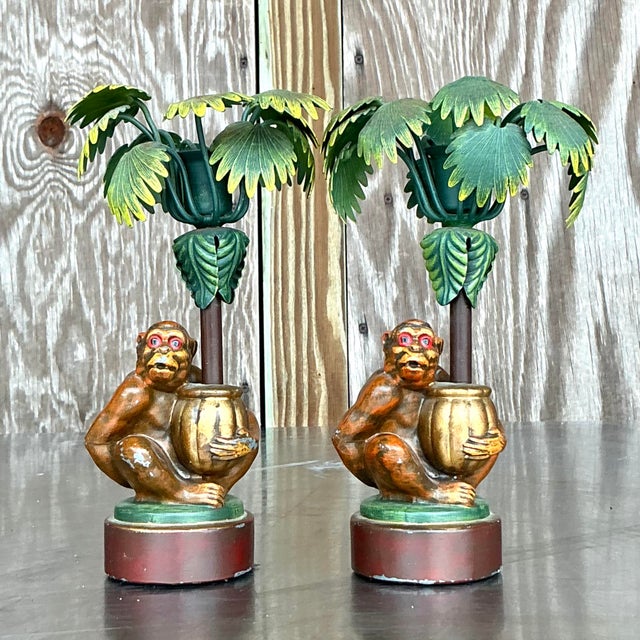 Vintage Coastal Painted Monkey Candlesticks - a Pair For Sale In West Palm - Image 6 of 6