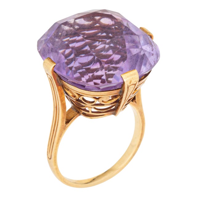 1940s Retro French 30ct Amethyst Cocktail Ring Size 6.75 Vintage 18k Yellow Gold Large For Sale