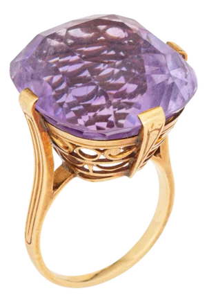 1940s Retro French 30ct Amethyst Cocktail Ring Size 6.75 Vintage 18k Yellow Gold Large