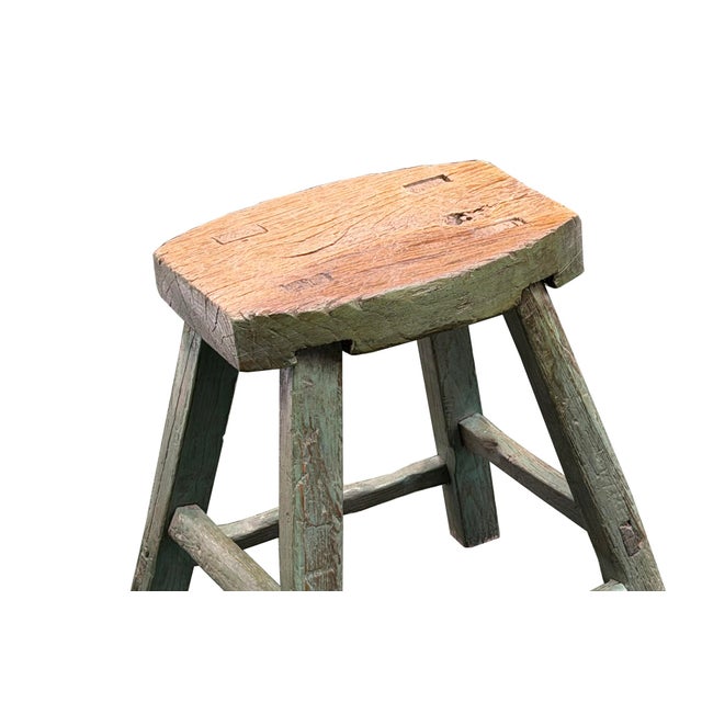 Green Rustic Bold Distressed Light Sage Green 4 Legs Wood Stool Side Table Stand For Sale - Image 8 of 15