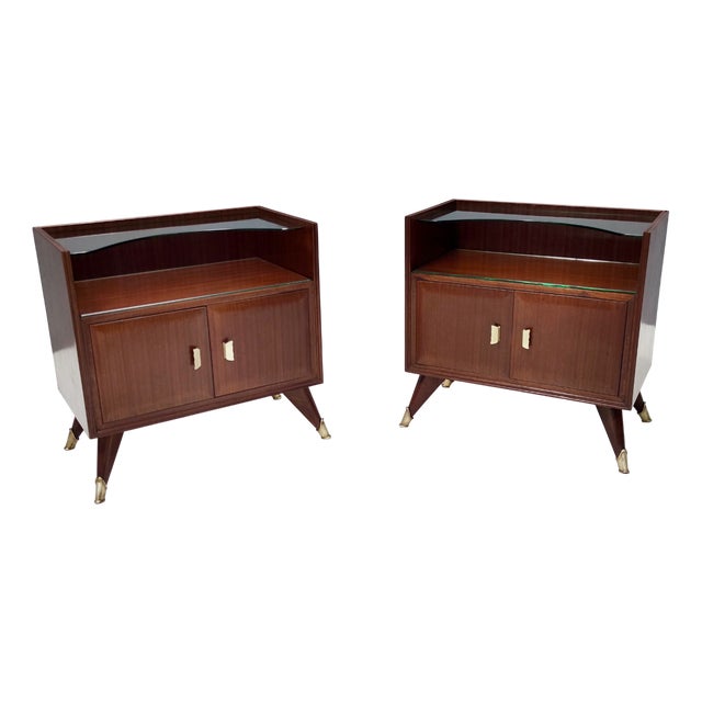 Vintage Walnut Nightstands with Crystal Top Shelves, 1950s, Set of 2 For Sale