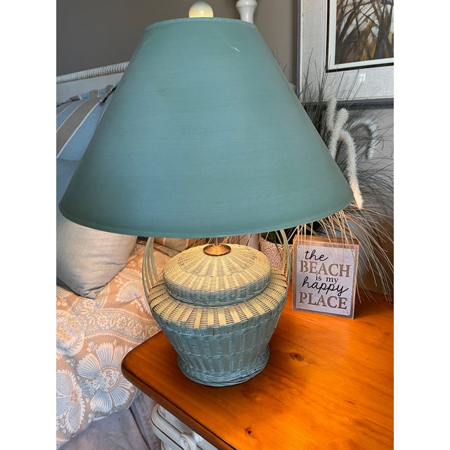 Vintage Painted Green Wicker Basket Style Table Lamp For Sale - Image 9 of 10