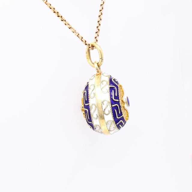 Metal Vintage 14k Gold and Blue & White Enamel Figural Russian Style Egg Charm Pendant For Sale - Image 7 of 12