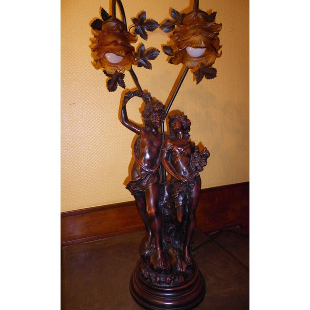 Sculpture of Putti Table Lamp with Amber Molded Glass Tulip Shades in the style of Aug. Moreau, 1890s For Sale - Image 3 of 18