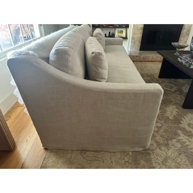 Textile Restoration Hardware Belgian Slipcovered Slope Arm Bench-Cushion Sofa in Sand Performance Linen, 7ft (Pair Available) For Sale - Image 7 of 14