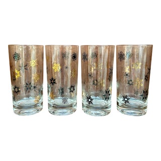 1950s Set of 4 Vintage Mid-Century Snowflake Highball Tumbler Glasses – Gold & Black Atomic Pattern For Sale