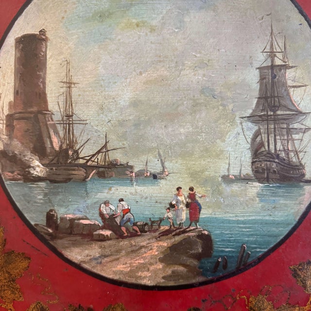 19th Century French Hand-Painted Tole Tray With Harbor Scene For Sale In Dallas - Image 6 of 8